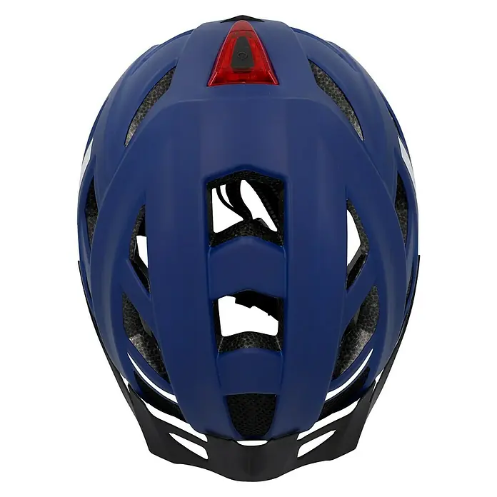 Fischer Fahrradhelm Urban Plus Boston - L/XL 58 - 61 cm, Dunkelblau - Nahaufnahme eines blauen Fahrradhelms mit Belüftungsöffnungen und rotem Rücklicht.
