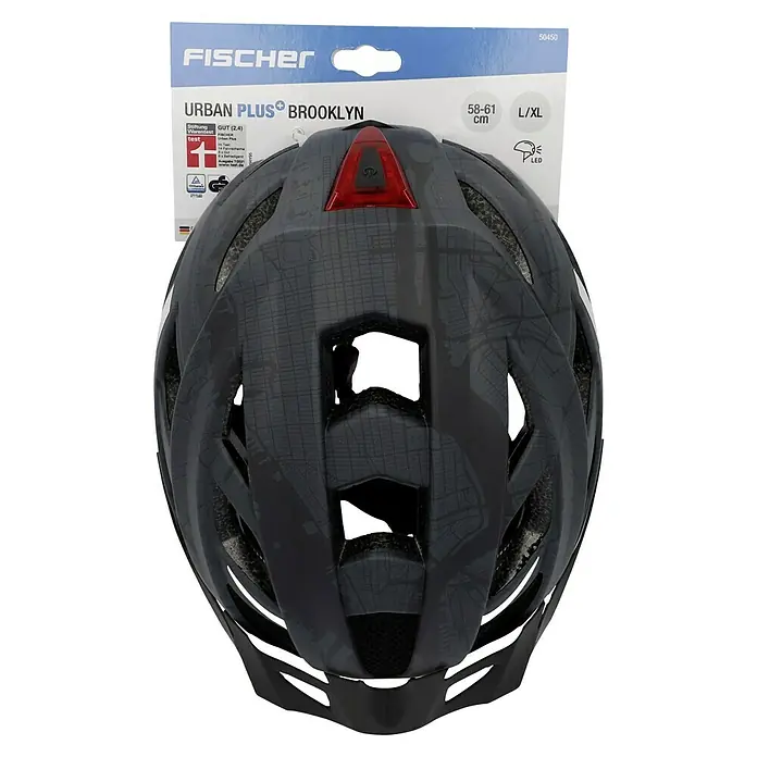 Fischer Casco para bicicleta Urban Plus Brooklyn - L/XL 58 - 61 cm, Negro - En la imagen se muestra un casco de bicicleta negro Fischer Urban Plus Brooklyn, con un patrón de mapa de ciudad y luces LED para mayor visibilidad.