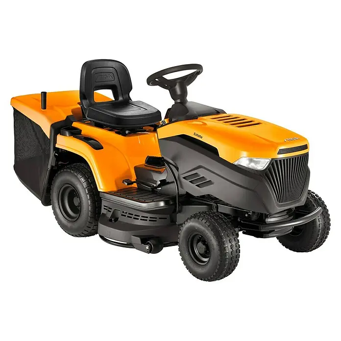 Stiga Rasentraktor Estate 598 W - 586 cm³, Schnittbreite: 98 cm - Ein gelber Stiga Estate Aufsitzmäher, perfekt für die Rasenpflege, mit Fangkorb und komfortablem Sitz.