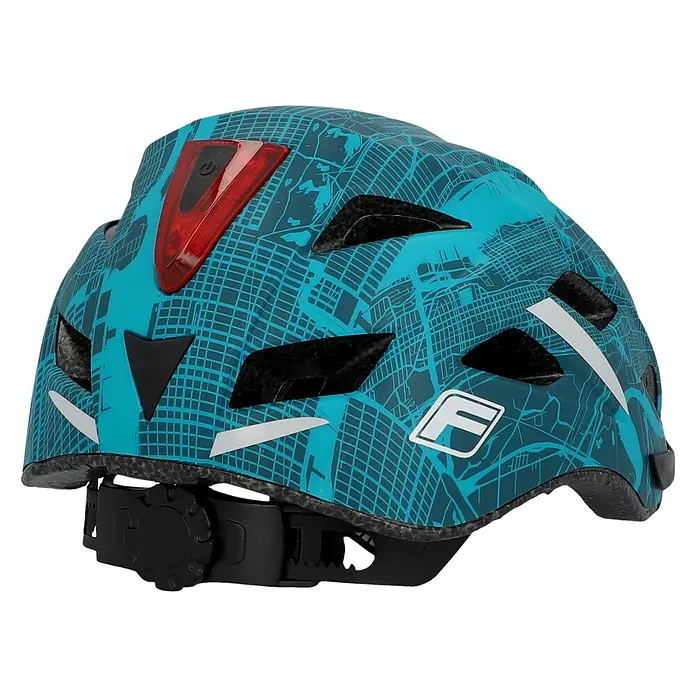 Fischer Fahrradhelm Urban Plus New York - S/M 52 - 59 cm, Türkisblau - Nahaufnahme eines blauen Fahrradhelms mit Stadtplanmuster und rotem Rücklicht.