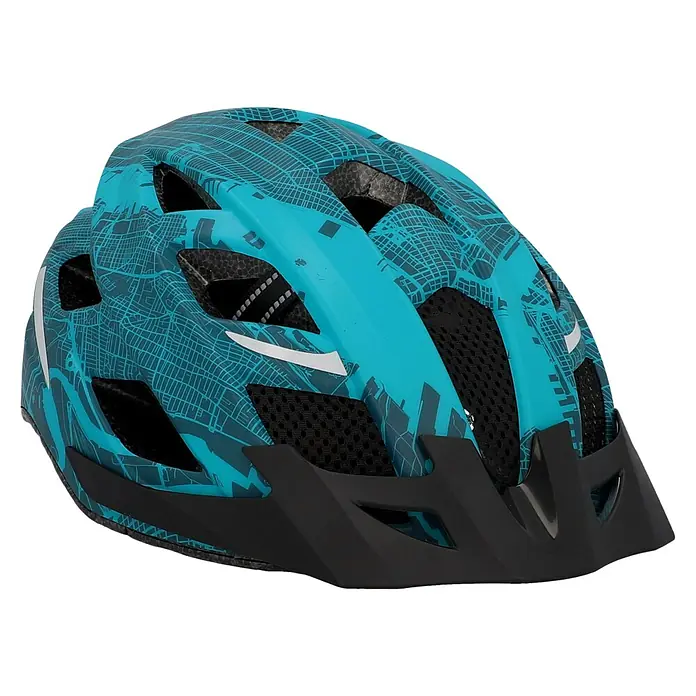 Fischer Fahrradhelm Urban Plus New York - S/M 52 - 59 cm, Türkisblau - Blauer Fahrradhelm mit schwarzem Visier. Das Muster auf dem Helm ist eine Straßenkarte in Dunkelblau.