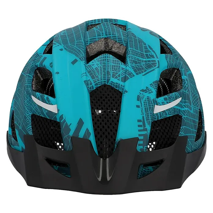 Fischer Fahrradhelm Urban Plus New York - S/M 52 - 59 cm, Türkisblau - Ansicht eines türkisblauen Fahrradhelms mit einem Muster einer Stadtkarte und schwarzen Belüftungsöffnungen für Atmungsaktivität.