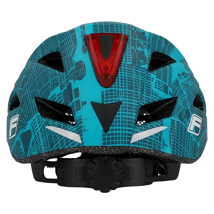 Fischer Fahrradhelm Urban Plus New York - S/M 52 - 59 cm, Türkisblau - Rückansicht eines blauen Fahrradhelms mit Stadtkartenmuster und integriertem Rücklicht für erhöhte Sicherheit beim Radfahren.