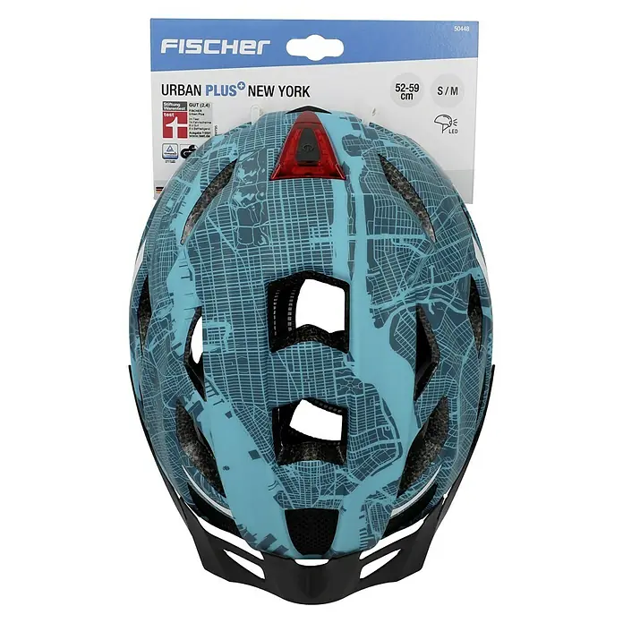 Fischer Casco para bicicleta Urban Plus NY - S/M 52 - 59 cm, Azul - Primer plano de un casco de bici Fischer Urban Plus New York con un diseño azul de mapa de Nueva York, ideal para paseos seguros y elegantes.