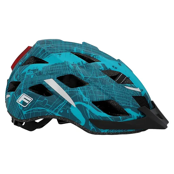 Fischer Fahrradhelm Urban Plus New York - S/M 52 - 59 cm, Türkisblau - Ein blauer Fahrradhelm mit Stadtplan-Muster, weißen Akzenten und schwarzen Belüftungsöffnungen. Sicherheit mit Stil für Radfahrer.