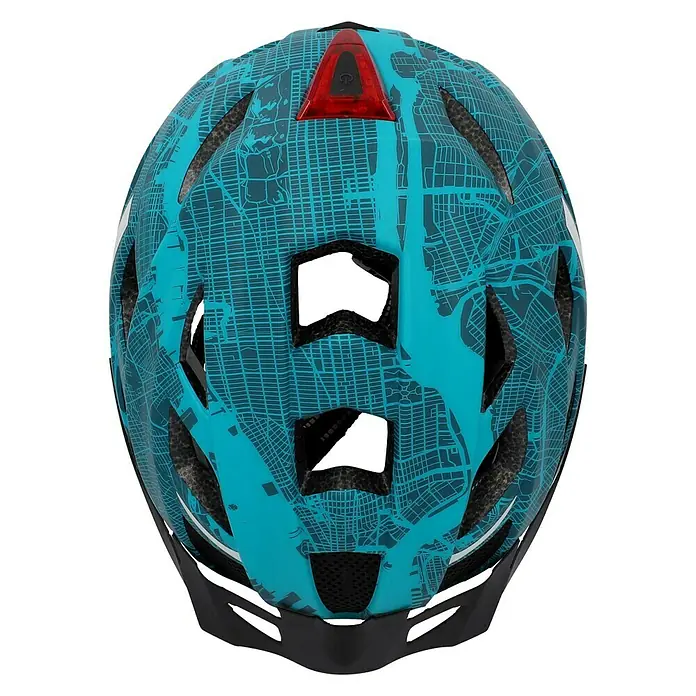 Fischer Fahrradhelm Urban Plus New York - S/M 52 - 59 cm, Türkisblau - Nahaufnahme eines türkisfarbenen Fahrradhelms mit Stadtplanmuster und rotem Rücklicht.