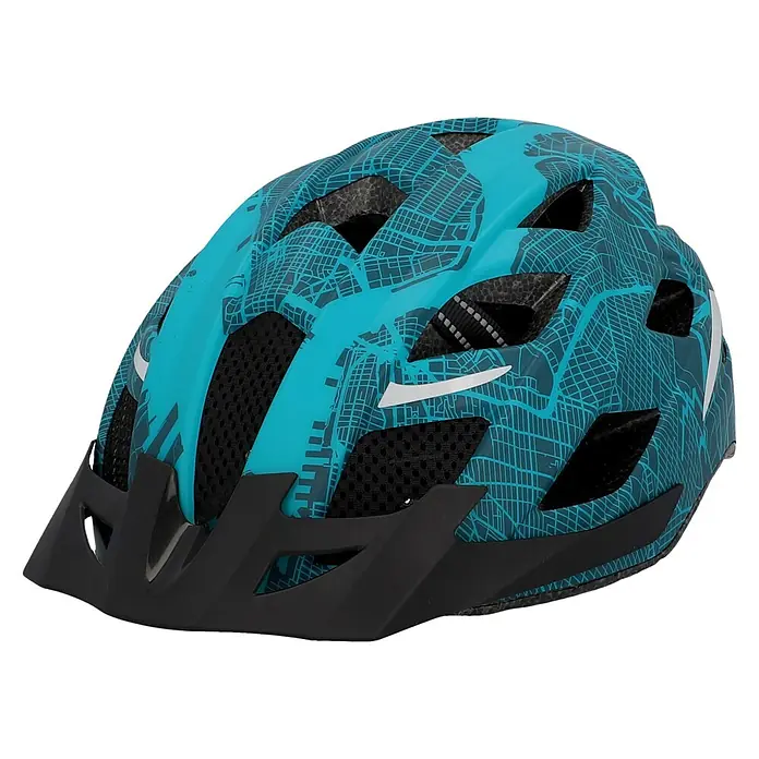 Fischer Casco para bicicleta Urban Plus NY - S/M 52 - 59 cm, Azul - En la foto se muestra un casco de bicicleta azul con un patrón de mapa de calles y una visera negra, perfecto para andar en bicicleta con seguridad.
