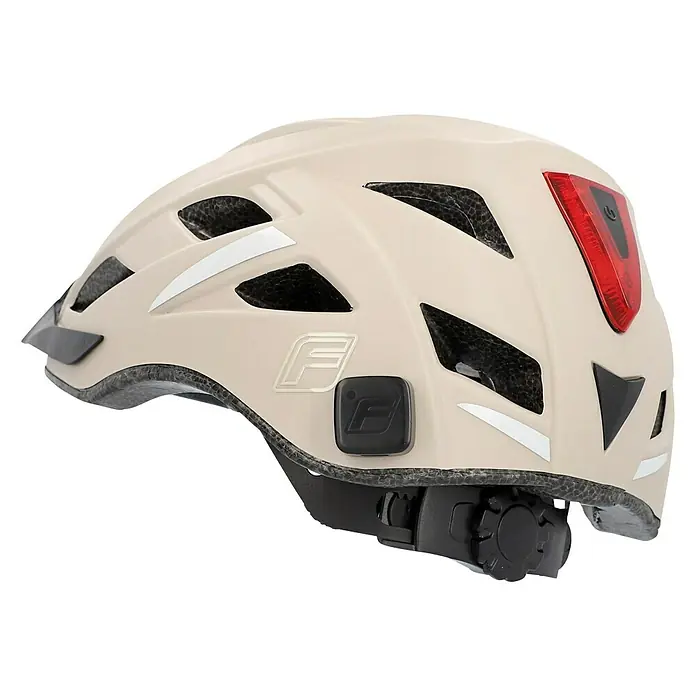 Fischer Crash-Sensor FIND.U - 250 x 250 mm - Beiger Fahrradhelm mit Belüftungslöchern, reflektierenden Details und integriertem Rücklicht für erhöhte Sicherheit.