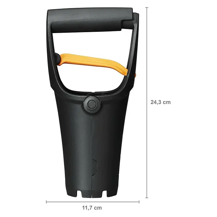 Fiskars Solid Hand-Blumenzwiebelpflanzer - 11,7 x 24,3 cm - Ein schwarzer Fiskars Pflanzer mit orangem Griff und Maßangaben der Höhe und Breite des Geräts.