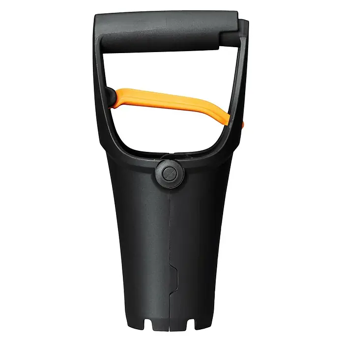 Fiskars Solid Hand-Blumenzwiebelpflanzer - 11,7 x 24,3 cm - Nahaufnahme eines schwarzen Fiskars Unkrautstechers mit orangem Griff und robustem Design für eine effektive Unkrautentfernung im Garten.