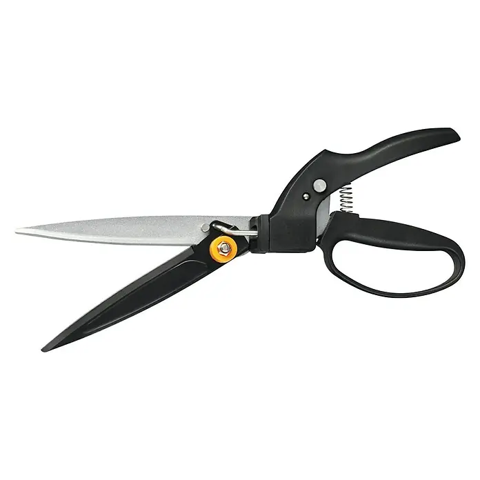 Fiskars Smartfit Rasenkantenschere GS40 - Länge: 35,5 cm - Nahaufnahme einer schwarzen und silbernen Grasschere mit schwarzem Griff, die sich ideal zum Trimmen und Formen von Rasen und Pflanzen eignet.