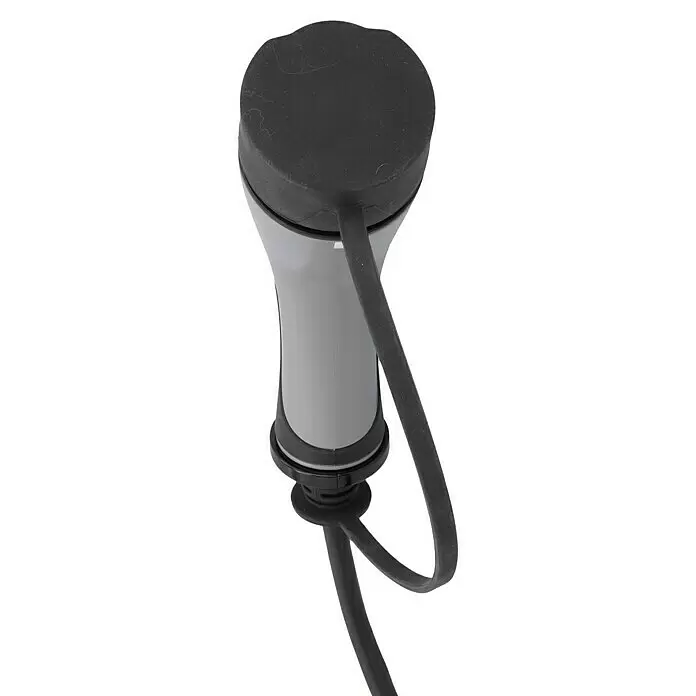 AEG Kfz-Ladekabel Schuko-Stecker zu Typ 2 Stecker - Kabellänge: 7 m - Zweifarbiger grauer EV-Ladestecker mit dunkler Schutzkappe, befestigt durch ein Band.