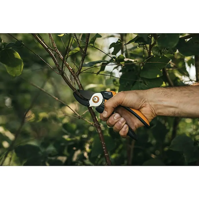 Fiskars Solid Gartenschere P361 - Amboss, Max. Aststärke: 20 mm - Eine Nahaufnahme einer Hand, die eine Fiskars Gartenschere P351 zum Beschneiden eines Astes im Garten verwendet.