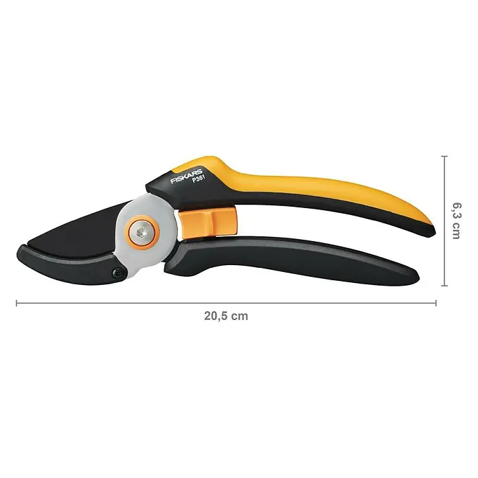 Fiskars Solid Gartenschere P361 - Amboss, Max. Aststärke: 20 mm - Nahaufnahme einer Fiskars P361 Gartenschere mit Größenangaben. Ideal zum Beschneiden von Pflanzen.
