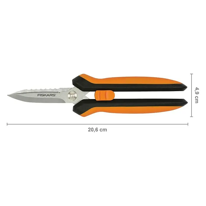 Fiskars Solid Mehrzweck-Schere SP320 - Länge: 20,6 cm - Fiskars Mehrzweckschere mit orange-schwarzem Griff und Längenangabe 20,6 cm für die Gesamtlänge und 4,9 cm für die Breite.