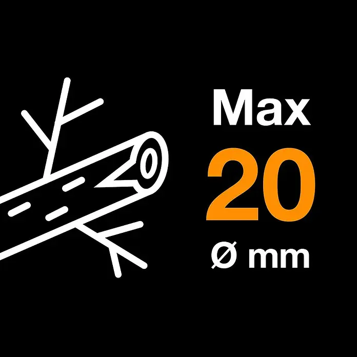 Fiskars Solid Gartenschere P361 - Amboss, Max. Aststärke: 20 mm - Das Bild zeigt ein Symbol für Holz, das eine maximale Größe von 20 mm Durchmesser hat.