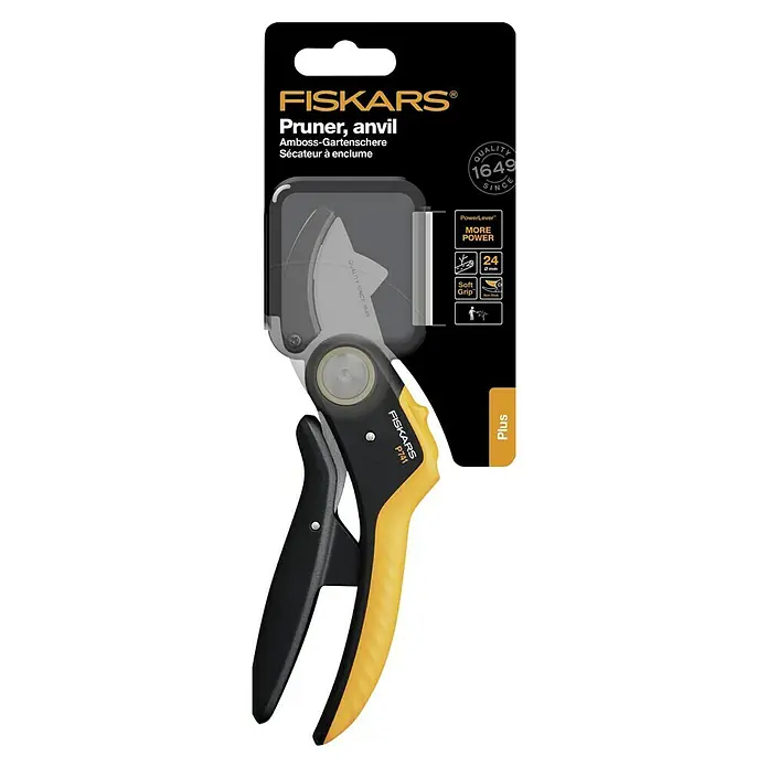 Fiskars Plus Gartenschere PowerLever P741Amboss, Max. Aststärke: 24 mm - Abgebildet ist eine Fiskars Amboss-Gartenschere P741 Plus mit PowerLever-Technologie für müheloses Schneiden von Ästen bis 24 mm Durchmesser.