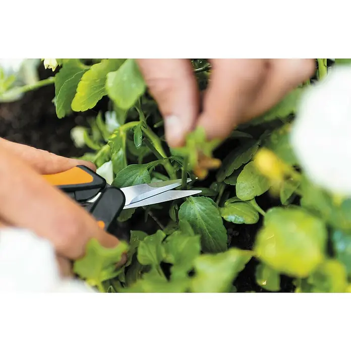Fiskars Solid Gartenschere Microtip SP 130 - Länge: 21,5 cm - Nahaufnahme einer Person, die mit einer Gartenschere grüne Pflanzen beschneidet, wobei die Schere selbst gut sichtbar ist.
