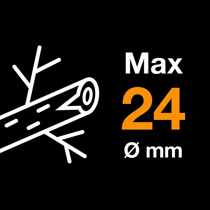 Fiskars Plus Gartenschere PowerLever P741 - Amboss, Max. Aststärke: 24 mm - Symbol, das die maximale Holzdurchmesserbegrenzung von 24 mm für ein Produkt darstellt, mit einem Baumstammsymbol.