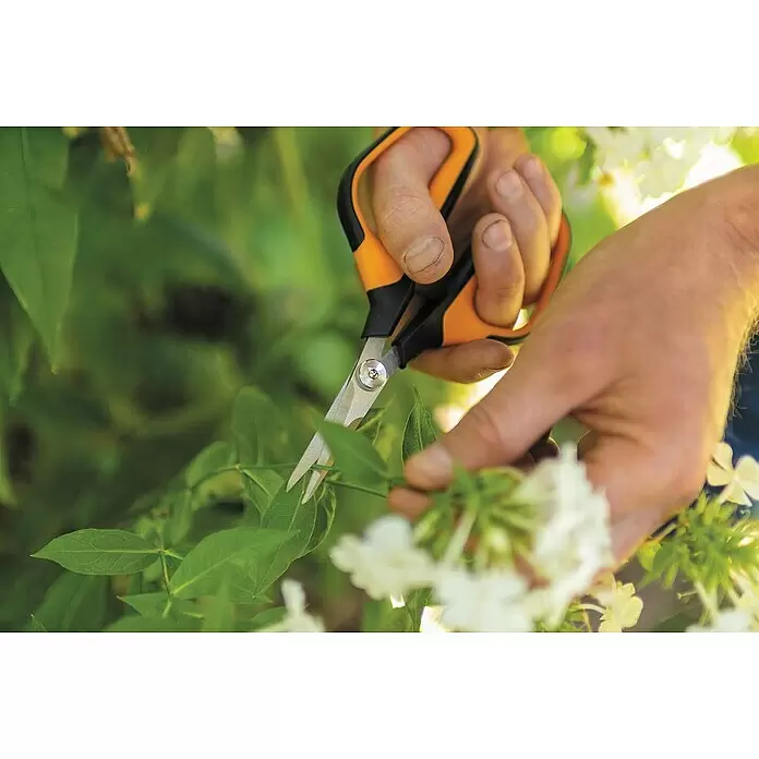 Fiskars Solid Gartenschere SP 150 - Länge: 24 cm - Nahaufnahme einer orange-schwarzen Gartenschere mit silbernen Klingen, von Händen gehalten, beim Beschneiden grüner Blätter.