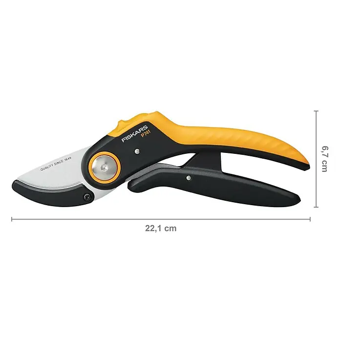 Fiskars Plus Gartenschere PowerLever P741 - Amboss, Max. Aststärke: 24 mm - Abbildung einer Fiskars P741 Gartenschere mit gelb-schwarzem Griff und Maßen von 22,1 cm Länge und 6,7 cm Höhe.