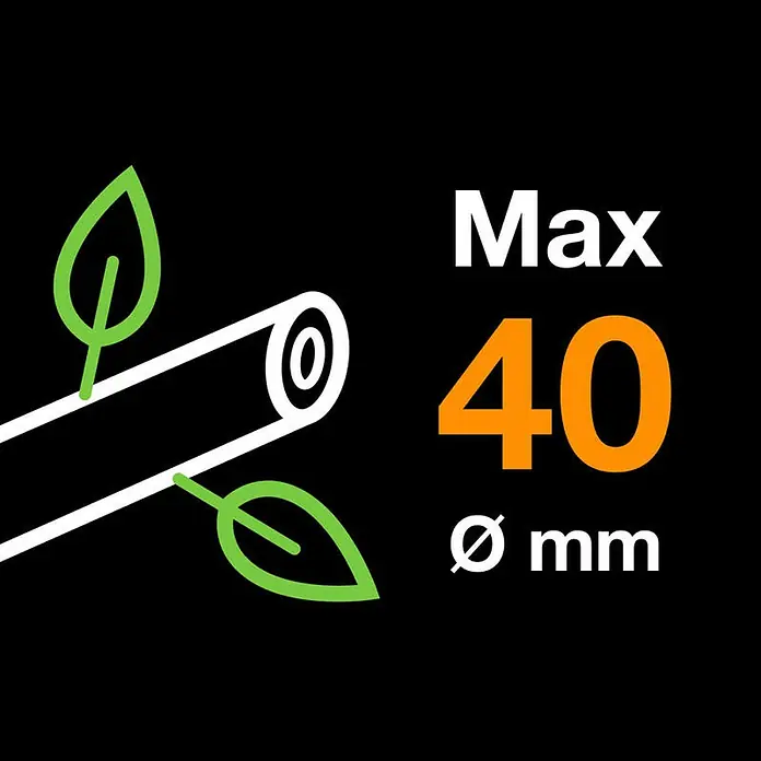 Fiskars Hand-Astschere PowerGear II L76 - Länge: 55,7 cm, Max. Aststärke: 28 mm, Stahl, Orange/Schwarz - Das Bild zeigt eine Grafik, die eine maximale Aststärke von 40 mm darstellt, dargestellt durch ein stilisiertes Astsymbol mit Blättern.