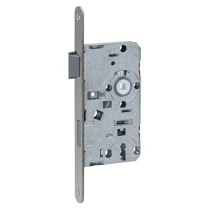 Abus Zimmertür-Einsteckschloss 20 SB - Links, Stulpfarbe: Silber, 145 x 80 x 14 mm, Stulplänge: 235 mm - Detailaufnahme eines Türschlosses aus Metall, das die mechanischen Komponenten und das Design des Produkts hervorhebt.