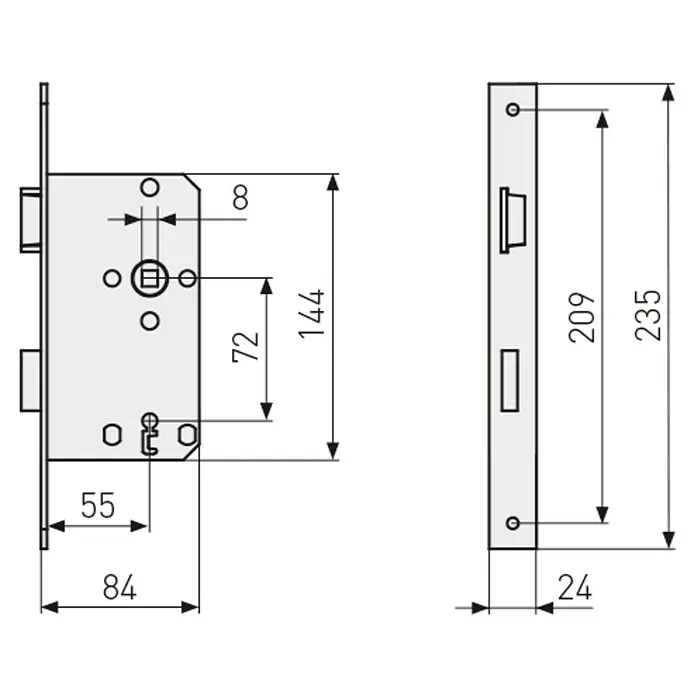 Abus Zimmertür-Einsteckschloss 24 SB - Links, Stulpfarbe: Silber, 144 x 84 x 14 mm - Abmessungen eines Einsteckschlosses mit Angaben zu Höhe, Breite und Tiefe für den professionellen Einbau in Türen.