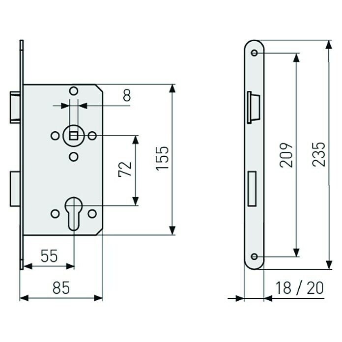 Abus Einsteckschloss Wohnungsabschlusstür 20 SBLinks, Profilzylinder, 155 x 85 x 14 mm, Stulpfarbe: Silber Sketch