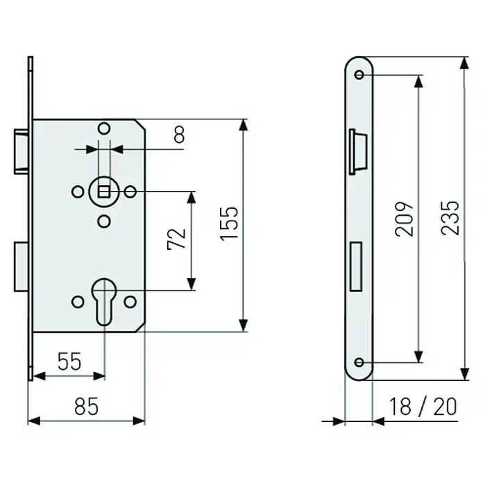 Abus Einsteckschloss Wohnungsabschlusstür 20 SB - Links, Profilzylinder, 155 x 85 x 14 mm, Stulpfarbe: Gold - Abbildung eines Türschlosses mit detaillierten Maßangaben zur Veranschaulichung der Produktabmessungen und -spezifikationen.