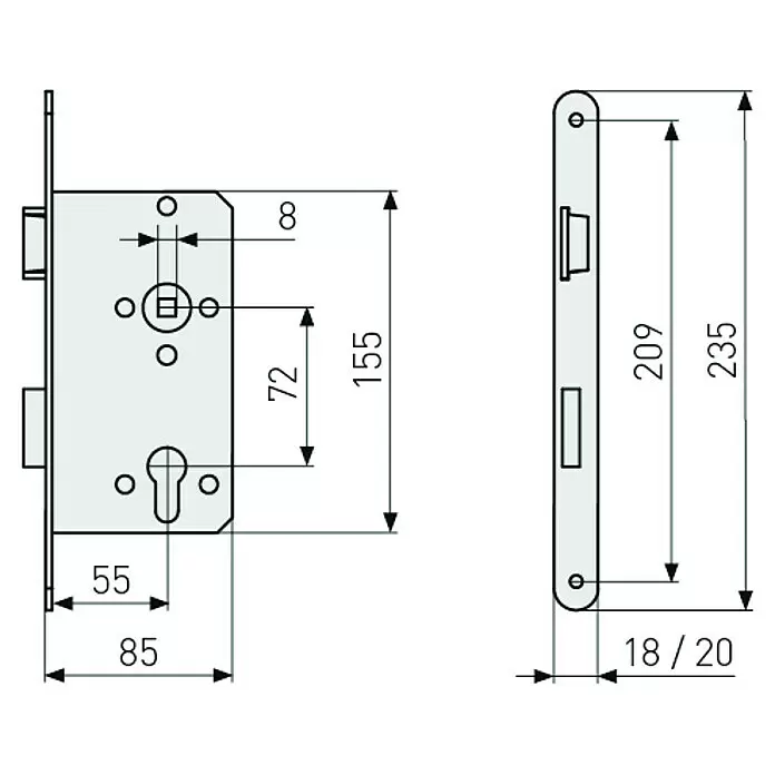 Abus Einsteckschloss Wohnungsabschlusstür 20 SBLinks, Profilzylinder, 155 x 85 x 14 mm, Stulpfarbe: Silber