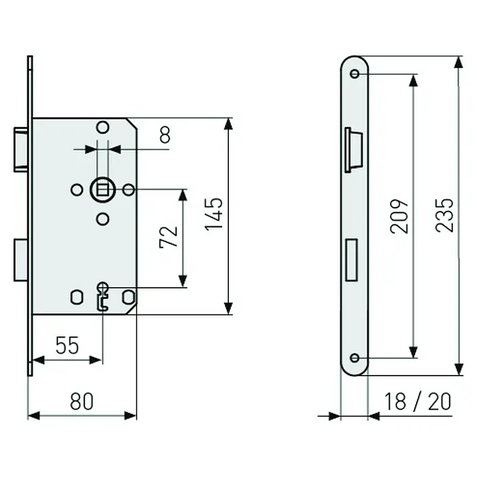 Abus Zimmertür-Einsteckschloss 18 SB - Rechts, Stulpfarbe: Gold, 145 x 80 x 14 mm - Abbildung des Türschlosses mit Maßangaben zur Veranschaulichung des Produkts und seiner Abmessungen.