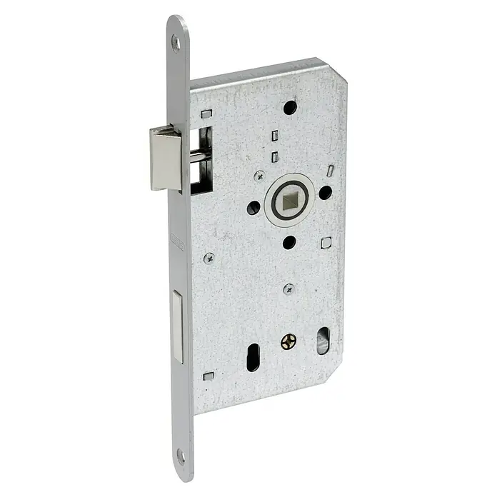 Abus Einsteckschloss ESS S - Links/Rechts, Profilzylinder, 165 x 87 x 14 mm - Ein Detailaufnahme eines ABUS Türschlosses, das die robuste Konstruktion und präzise Verarbeitung des Sicherheitsprodukts hervorhebt.