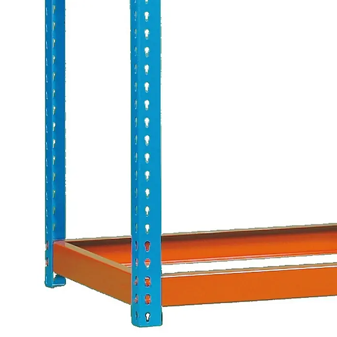 Simonrack Simonforte Estantería para cargas pesadas - Al x An x Pr: 200 x 180 x 45 cm, Número de baldas: 3 ud., Inserción, Azul/Naranja, Capacidad de carga por balda: 600 kg - Primer plano de una robusta estantería metálica azul con vigas naranjas, ideal para almacenamiento y organización.