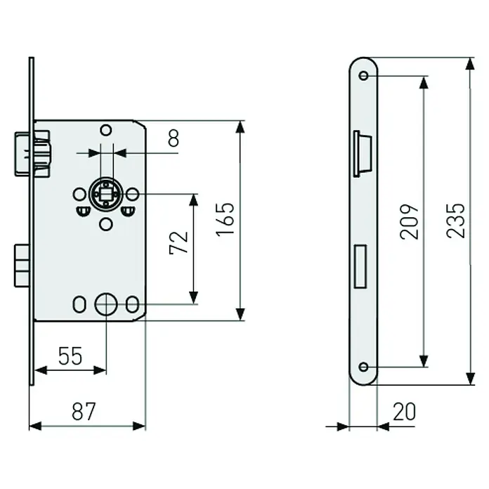 Abus Einsteckschloss ESS S - Links/Rechts, Profilzylinder, 165 x 87 x 14 mm - Abbildung eines Einsteckschlosses mit detaillierten Maßangaben zu dessen Abmessungen und Bauteilen für technische Zwecke.