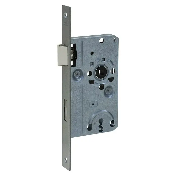 Abus Zimmertür-Einsteckschloss 24 SB - Links, Stulpfarbe: Silber, 144 x 84 x 14 mm - Nahaufnahme eines robusten Türschlosses aus Metall, ideal für den Einbau in Innentüren und bietet Sicherheit.