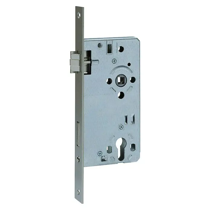 Abus Eingangstür-Einsteckschloss 24 SB - Links, Profilzylinder, 184 x 98 x 14 mm, Stulpfarbe: Silber - Nahaufnahme eines silberfarbenen Einsteckschlosses, das die Details des Verriegelungsmechanismus zeigt.