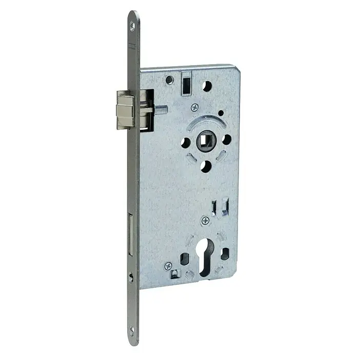 Abus Eingangstür-Einsteckschloss 20 SB - Links, Profilzylinder, 184 x 98 x 14 mm, Stulpfarbe: Silber - Detailansicht eines silberfarbenen Einsteckschlosses mit Falle, Riegel und Schlüsselöffnung, ideal für Holztüren, auf schwarzem Hintergrund.