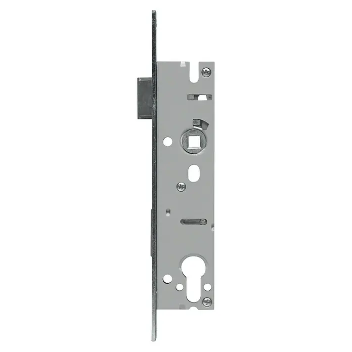 Abus Einsteckschloss ESR PZ LR Z 30 92 24 SB für Rohrrahmentüren - Links/Rechts, Profilzylinder, 187 x 30 x 14 mm - Das Bild zeigt einen detaillierten Blick auf ein silbernes Türschloss mit verschiedenen Öffnungen und Schrauben. Das Schloss ist robust und präzise gefertigt.