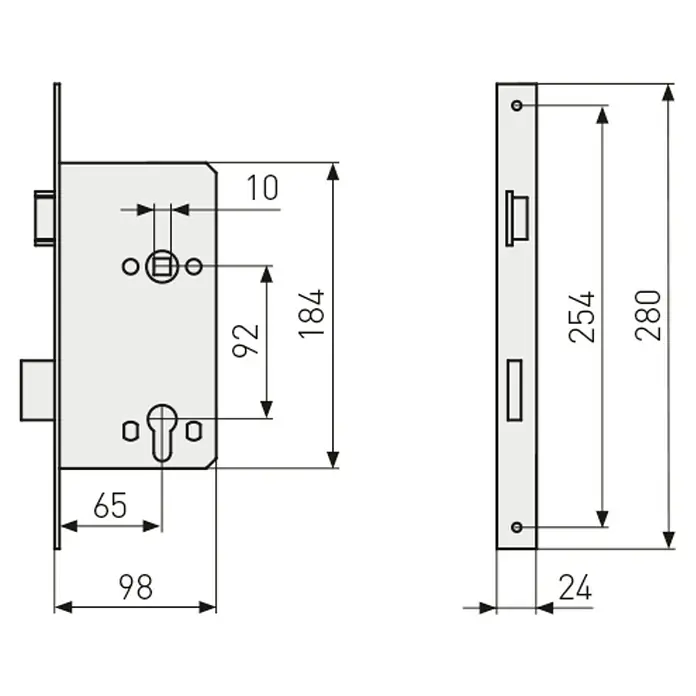 Abus Eingangstür-Einsteckschloss 24 SB - Rechts, Profilzylinder, 184 x 98 x 14 mm, Stulpfarbe: Silber - Abbildung einer Türschloss-Zeichnung mit genauen Maßangaben. Ein technisches Detail für Bau oder Renovierung.