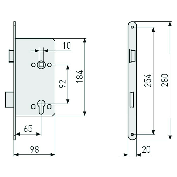 Abus Eingangstür-Einsteckschloss 20 SB (Links, Profilzylinder, 184 x 98 x 14 mm, Stulpfarbe: Silber) | BAUHAUS