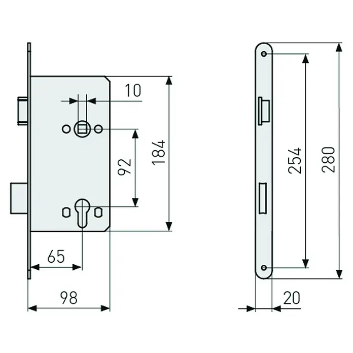 Abus Eingangstür-Einsteckschloss 20 SB - Links, Profilzylinder, 184 x 98 x 14 mm, Stulpfarbe: Silber - Technische Zeichnung eines Einsteckschlosses mit Maßangaben. Ideal für Planungen und Reparaturen.