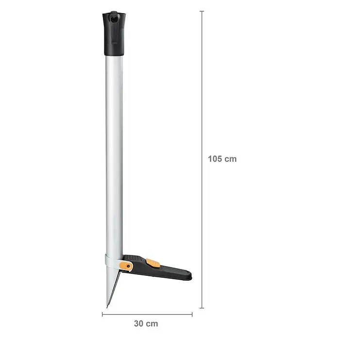 Fiskars Xact Hand-Blumenzwiebelpflanzer - Länge: 105 cm - Ein Grassodenstecher mit den Maßen 105 cm Höhe und 30 cm Breite. Das Gerät ist silberfarben mit schwarzen und orangefarbenen Details.