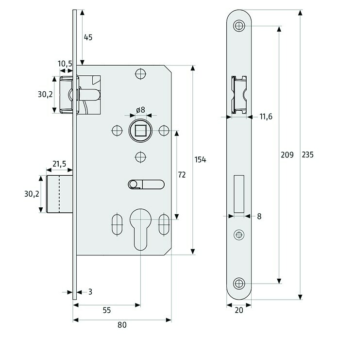 Abus Einsteckschloss ES Bad Universal (Links/Rechts, 235 x 80 x 20 mm) | BAUHAUS