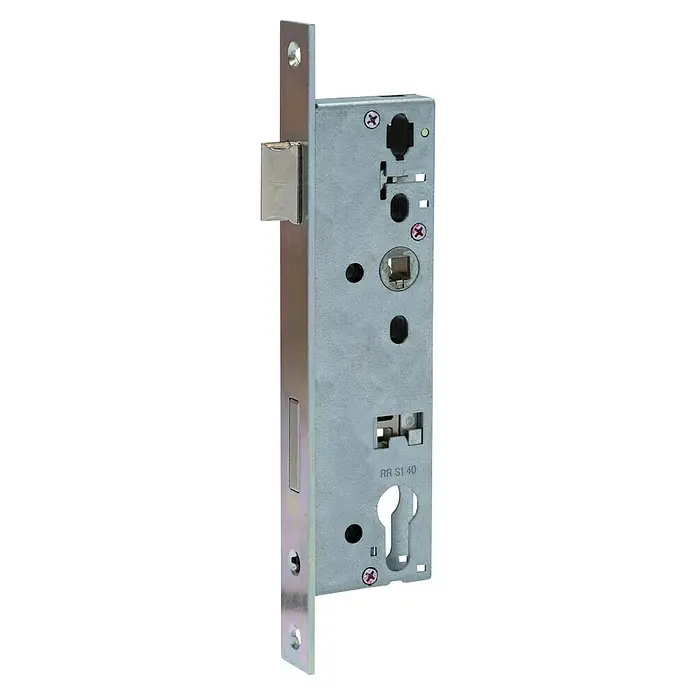 Abus Einsteckschloss ESR PZ LR Z 45 92 24 SB für Rohrrahmentüren - Links/Rechts, Profilzylinder, 187 x 45 x 14 mm - Ein genauer Blick auf ein hochwertiges Türschloss mit robustem Gehäuse und präzisen Mechanismen für erhöhte Sicherheit.
