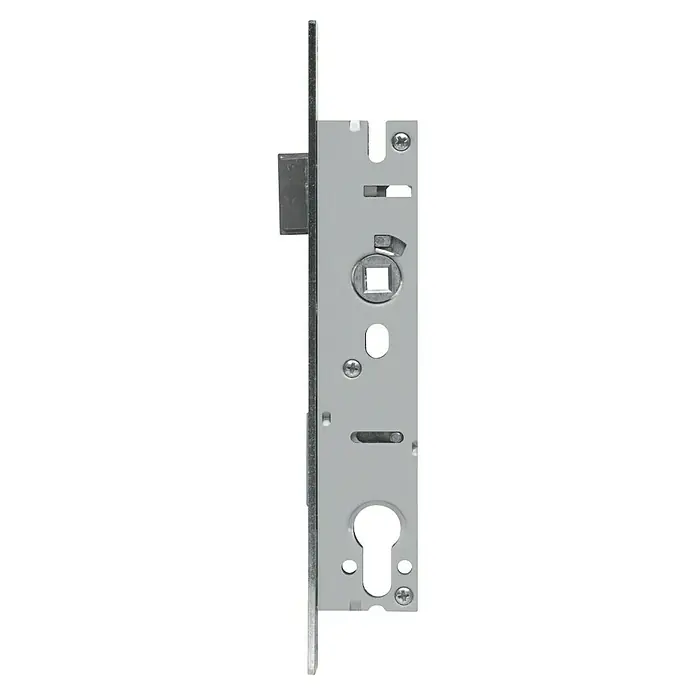Abus Einsteckschloss ESR PZ LR Z 25 92 24 SB für Rohrrahmentüren - Links/Rechts, Profilzylinder, 187 x 25 x 14 mm - Detailaufnahme eines Türschlosses aus Metall, das die robuste Bauweise und die präzisen mechanischen Komponenten hervorhebt.