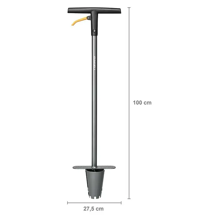 Fiskars Hand-Blumenzwiebelpflanzer - Länge: 100 cm - Abbildung eines Fiskars Pflanzwerkzeugs mit Maßen. Das Werkzeug ist 100 cm hoch und 27,5 cm breit.