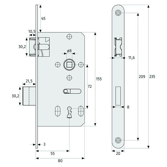 Abus Einsteckschloss ES BB universal (Links/Rechts, 234 x 80 x 20 mm) | BAUHAUS