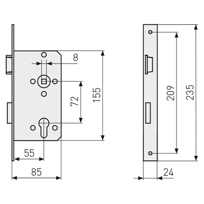 Abus Einsteckschloss Wohnungsabschlusstür 24 SB - Rechts, Profilzylinder, 155 x 85 x 14 mm, Stulpfarbe: Silber - Schemazeichnung des Einsteckschlosses mit präzisen Maßangaben für den Einbau.