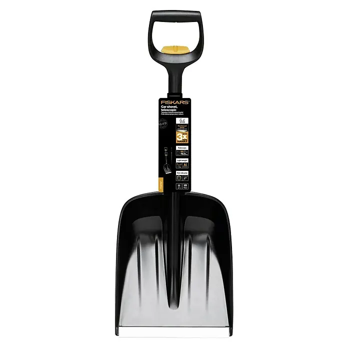 Fiskars X-series Schneeschaufel - Breite: 29 cm, Teleskopstiel - Abbildung einer Fiskars Auto-Schneeschaufel mit Teleskopstiel in Schwarz. Ideal zum Schneeräumen rund ums Auto.